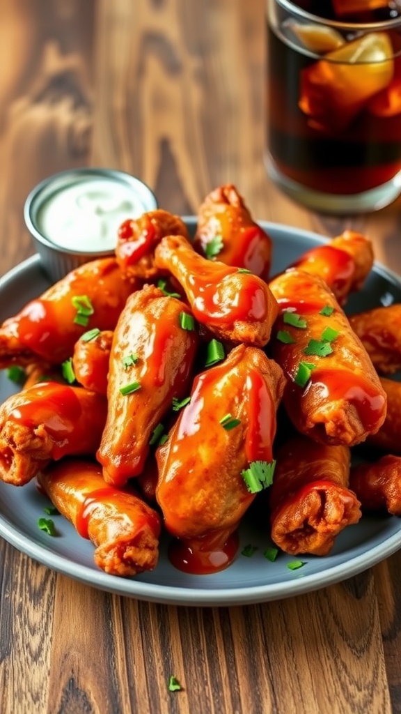 Crispy chicken wings coated in hot sauce served with ranch dressing on a rustic wooden table.